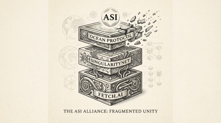 Three interconnected protocol layers merging into a unified stack, with one layer partially disconnected, representing the ASI Alliance's governance challenges.