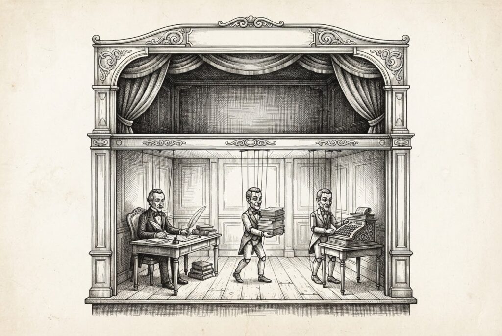 Empty puppet theater with marionette strings attached to office tools - representing autonomous AI replacing human knowledge work