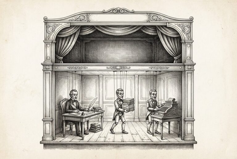 Empty puppet theater with marionette strings attached to office tools - representing autonomous AI replacing human knowledge work