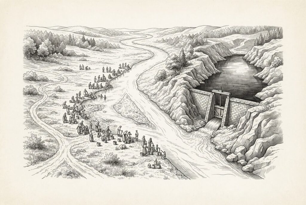 A river splits into two channels - one open with many figures drawing water freely, the other restricted behind a dam with a sluice gate.