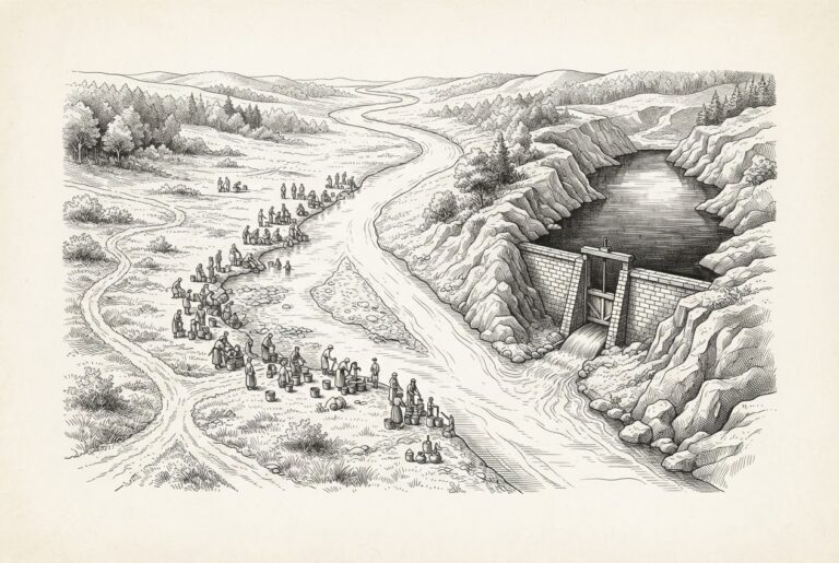 A river splits into two channels - one open with many figures drawing water freely, the other restricted behind a dam with a sluice gate.