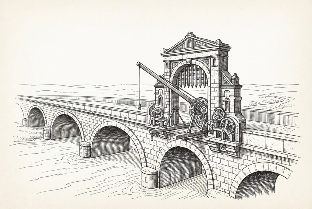 An ornate toll gate on a stone bridge - a single controlled passage with gears and portcullis mechanism - representing the sole federally chartered gateway for digital dollar settlement.