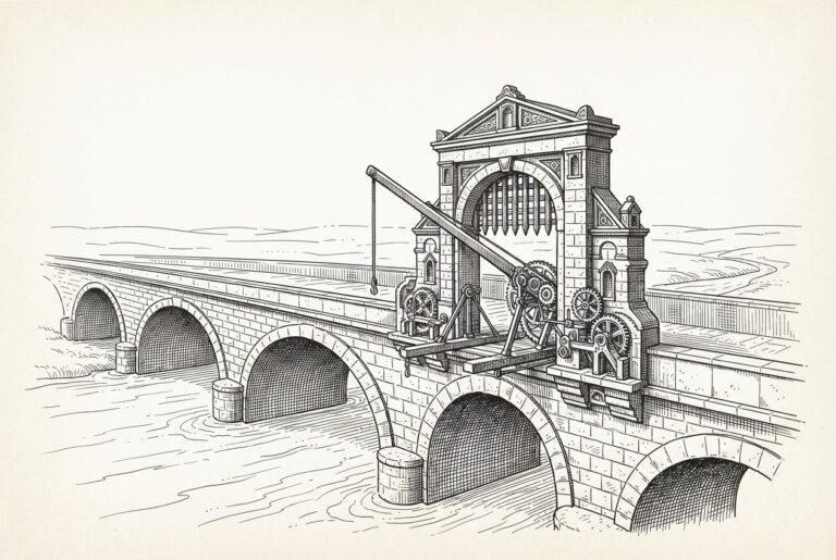 An ornate toll gate on a stone bridge - a single controlled passage with gears and portcullis mechanism - representing the sole federally chartered gateway for digital dollar settlement.