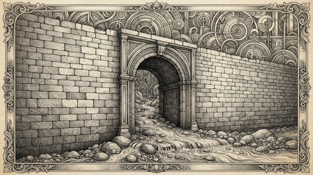 A massive fortress wall built from stacked patent documents with fine crosshatching, an arched gateway through which flowing coins and circular forms pass freely, rendered in monochrome pen-and-ink engraving on warm parchment.