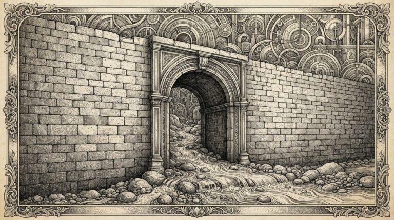 A massive fortress wall built from stacked patent documents with fine crosshatching, an arched gateway through which flowing coins and circular forms pass freely, rendered in monochrome pen-and-ink engraving on warm parchment.