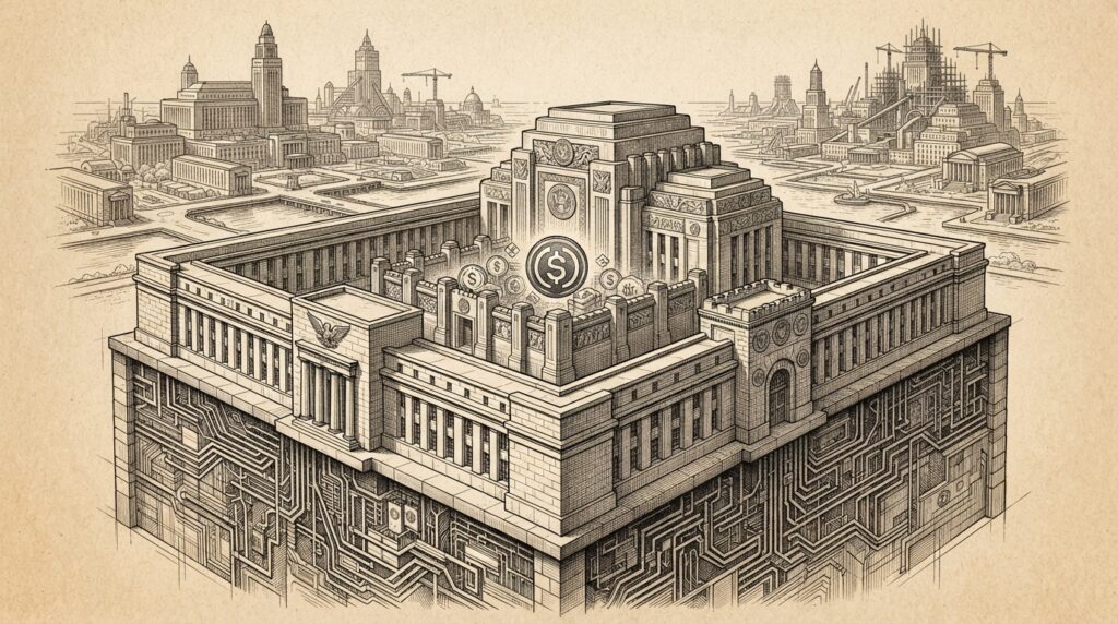 A monochrome pen-and-ink engraving on warm paper showing a dual-layered institutional fortress — federal OCC and state NYDFS buildings forming protective walls around a stablecoin asset, with a dense lattice of patent documents and circuit patterns forming the foundation.
