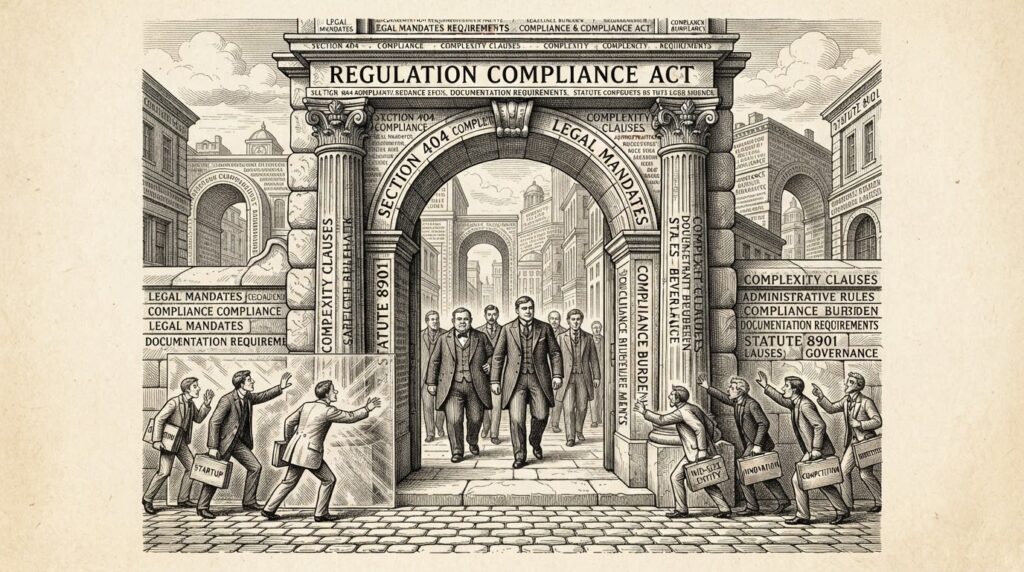 A heavy stone archway carved with regulatory text, large figures striding through the opening while smaller figures are blocked at the threshold - representing the CLARITY Act's structural barriers to passage.