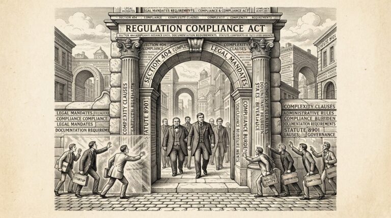 A heavy stone archway carved with regulatory text, large figures striding through the opening while smaller figures are blocked at the threshold - representing the CLARITY Act's structural barriers to passage.