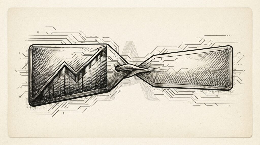 Monochrome editorial engraving of two price tags converging from opposite directions, meeting in the center to suggest compression, with circuit-board traces weaving through the composition.