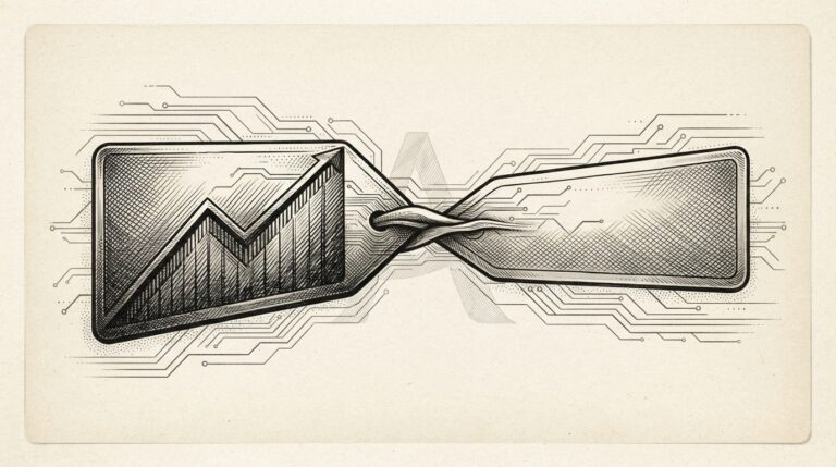 Monochrome editorial engraving of two price tags converging from opposite directions, meeting in the center to suggest compression, with circuit-board traces weaving through the composition.