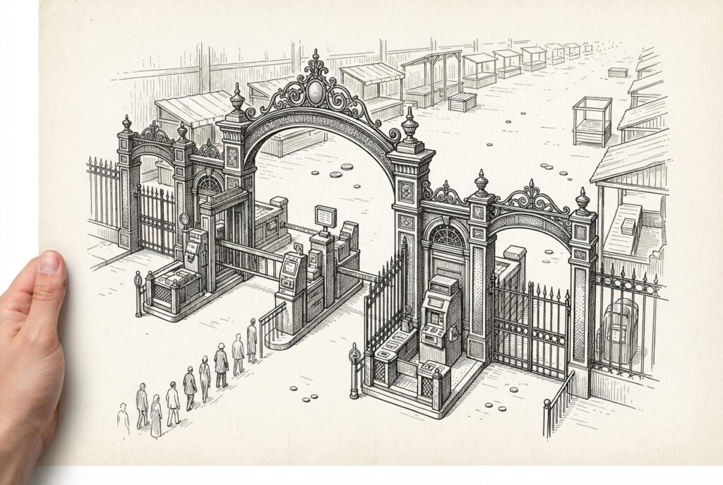 Ornate toll gate system standing open at the entrance to a largely deserted marketplace — agentic payment infrastructure is built but the commerce traffic hasn't arrived