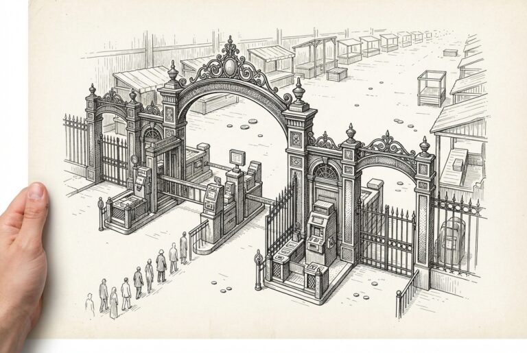 Ornate toll gate system standing open at the entrance to a largely deserted marketplace — agentic payment infrastructure is built but the commerce traffic hasn't arrived