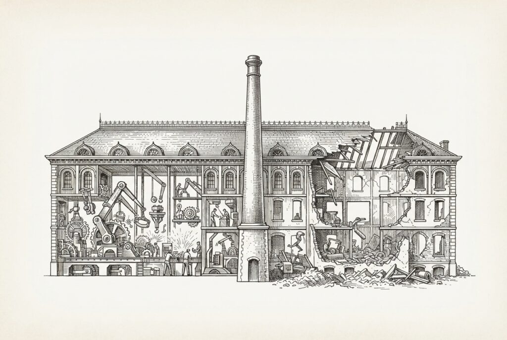Factory building simultaneously constructing and demolishing itself - representing the contradictory forces of the agentic era