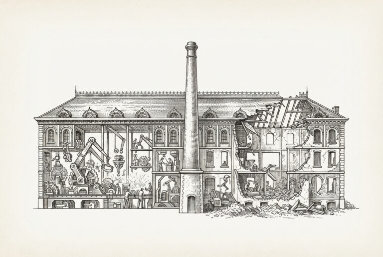 Factory building simultaneously constructing and demolishing itself - representing the contradictory forces of the agentic era
