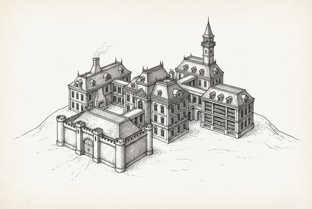 Manor with four wings - complete agent runtime stack, lock-in tension.