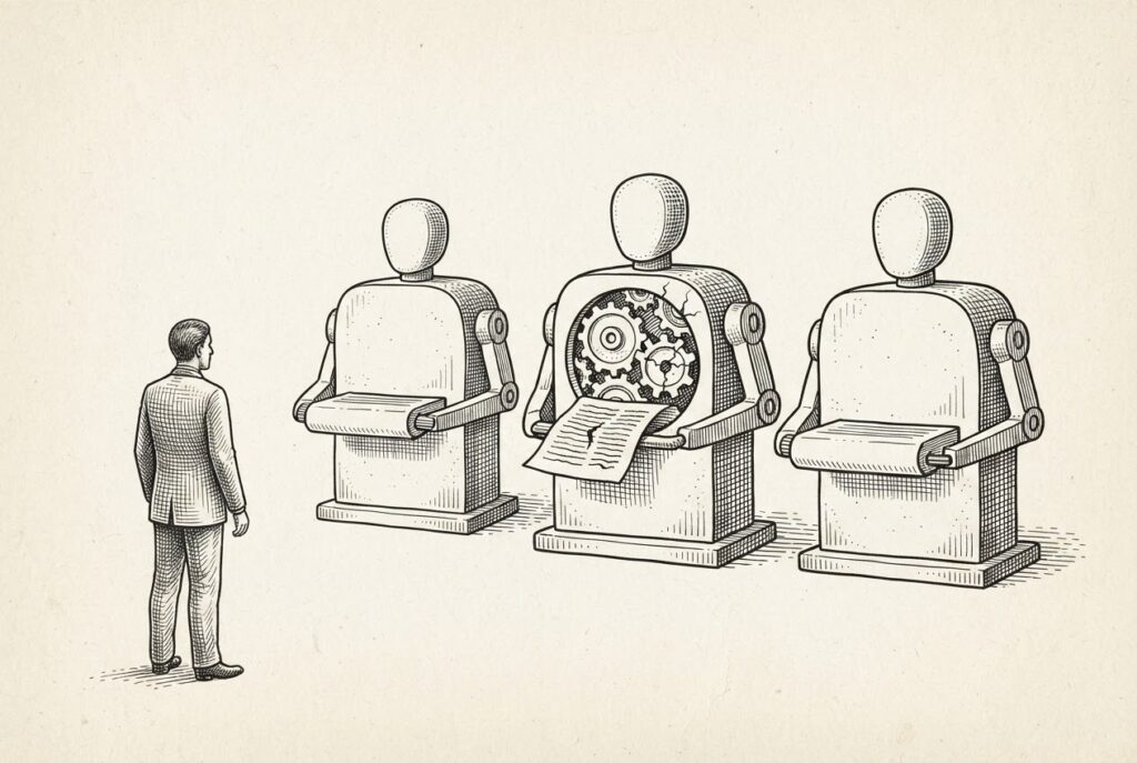 A solitary human supervisor in the foreground watches autonomous mechanisms labor behind them - one mechanism's internal gears are visibly broken, its cracked metal a quiet error amid confident activity.