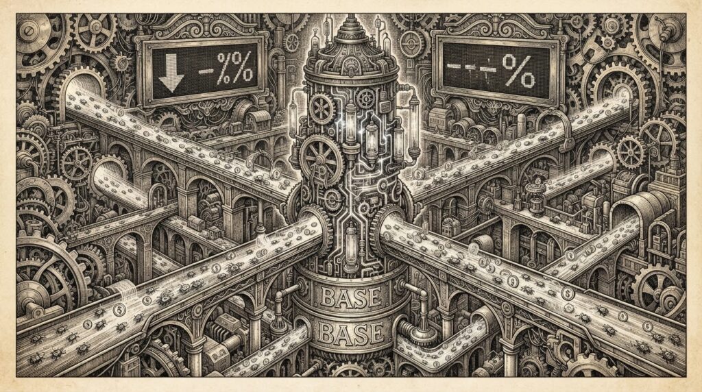 A monochrome pen-and-ink engraving on warm paper of a massive settlement clearinghouse with gears and circuit pathways, with a central "BASE" hub channeling autonomous agents carrying USDC tokens through payment rails.