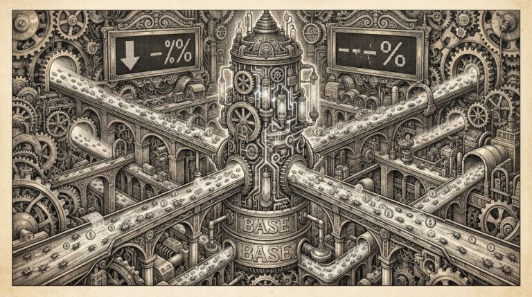 A monochrome pen-and-ink engraving on warm paper of a massive settlement clearinghouse with gears and circuit pathways, with a central "BASE" hub channeling autonomous agents carrying USDC tokens through payment rails.