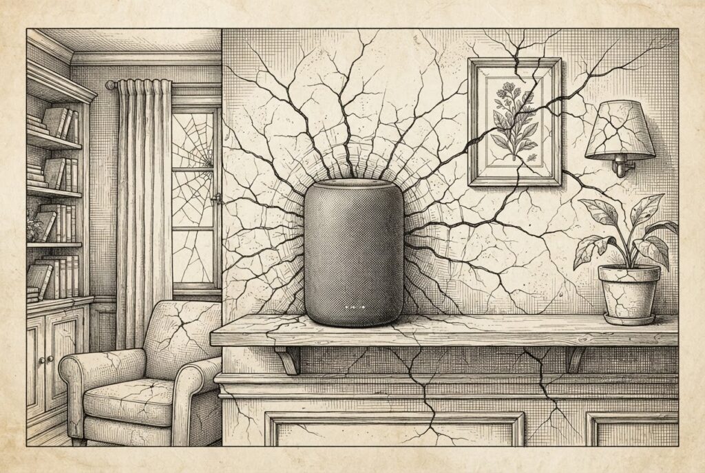 Domestic interior with visible foundation cracks radiating from a smart home device on a shelf — the trust foundation is cracking beneath the connected home