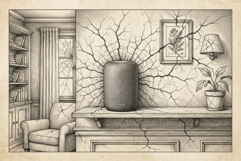 Domestic interior with visible foundation cracks radiating from a smart home device on a shelf — the trust foundation is cracking beneath the connected home