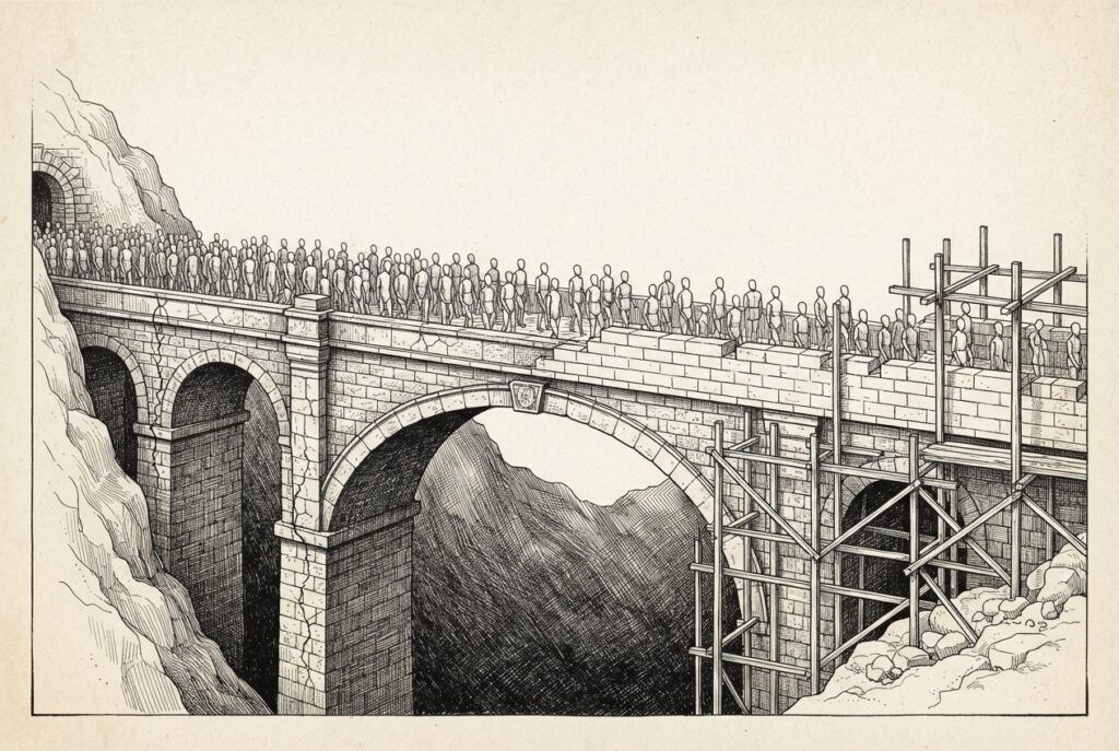 An ancient stone bridge carrying heavy traffic of faceless figures, cracks forming in unreinforced pillars while scaffolding adds new stonework on one side - the identity foundation being upgraded under load.