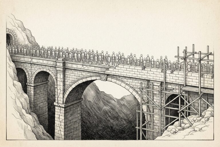 An ancient stone bridge carrying heavy traffic of faceless figures, cracks forming in unreinforced pillars while scaffolding adds new stonework on one side - the identity foundation being upgraded under load.