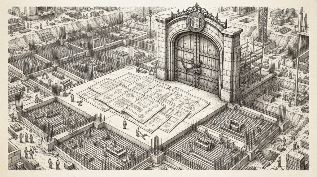 Ink illustration of a massive construction project halted at a threshold - foundation poured with twelve blueprints arrayed across it, but a closed institutional gate overhead, depicting the gap between community momentum and standards-body readiness.