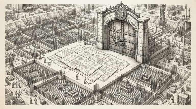Ink illustration of a massive construction project halted at a threshold - foundation poured with twelve blueprints arrayed across it, but a closed institutional gate overhead, depicting the gap between community momentum and standards-body readiness.