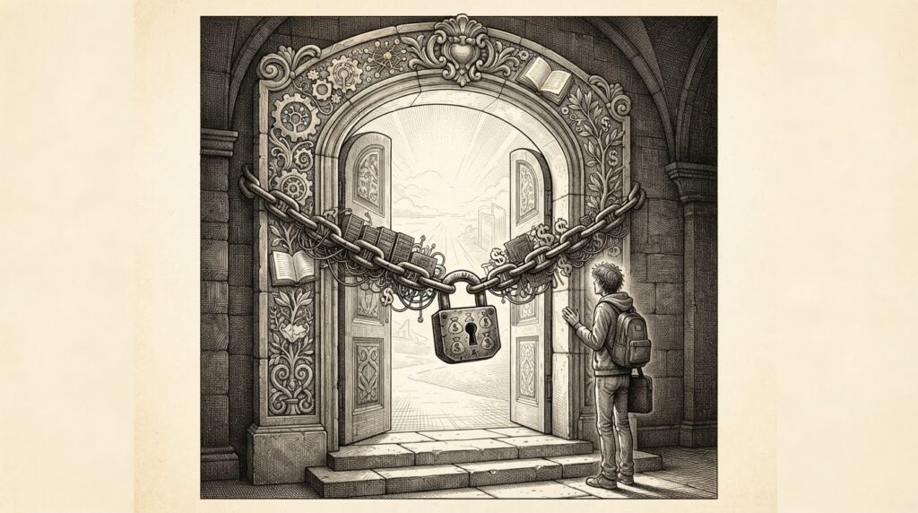 A padlocked open door - door physically open (open weights) but heavy padlock and chain made of server racks, circuit boards, and dollar signs block the passage. Developer figure at threshold. Pen-and-ink engraving, Forkast Ink style.