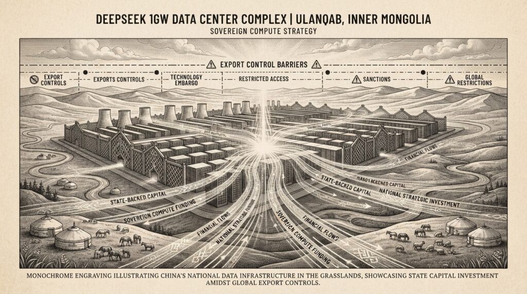 Monochrome editorial engraving of a massive data center complex rising from the grasslands of Inner Mongolia, with cooling towers and server racks blending into traditional Mongolian landscape, representing China's sovereign compute strategy.