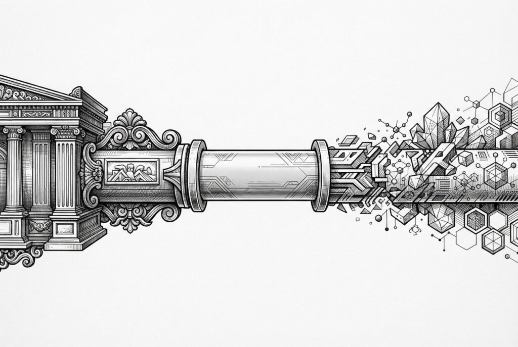 Black and white ink engraving of two settlement pipes merging into one — the left ornate and institutional with classical architectural details representing traditional finance, the right fragmented with blockchain node patterns representing crypto-native DeFi — converging into a single streamlined digital ledger at center.
