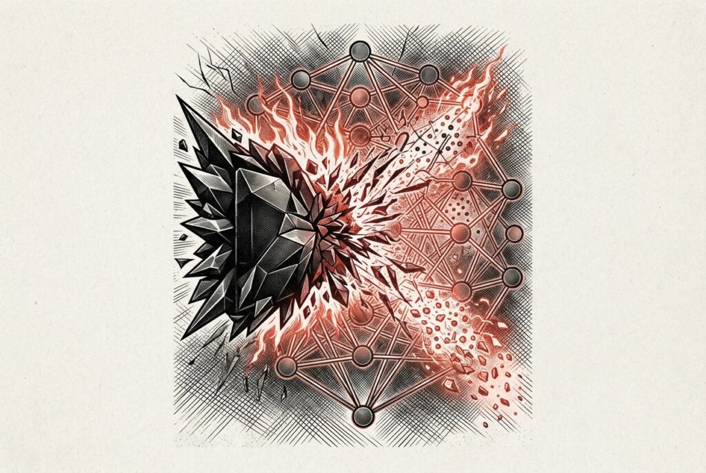 Forkast Ink engraving of a dark compiled binary targeting a neural network diagram, with model weights and training data nodes being destroyed in red-orange glow rather than encrypted with blue locks - irreversible destruction, not reversible encryption.