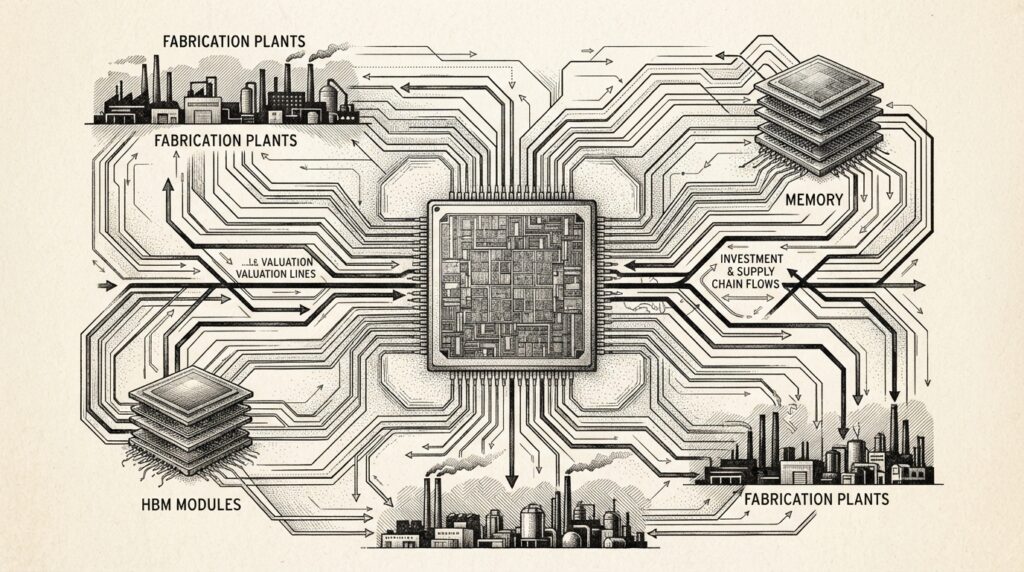 Monochrome editorial engraving of a specialized ASIC chip with financial valuation lines and supply chain threads radiating outward, connecting to memory modules and fabrication silhouettes.