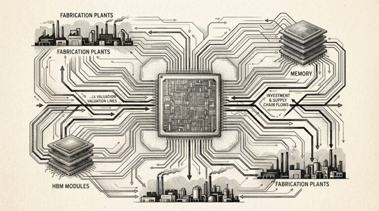 Monochrome editorial engraving of a specialized ASIC chip with financial valuation lines and supply chain threads radiating outward, connecting to memory modules and fabrication silhouettes.