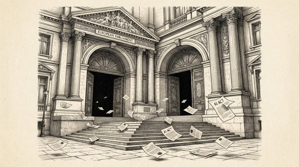 A grand EU legislative building with open, unguarded entrance and AI Act documents scattering in the wind. Monochrome engraving on warm paper.