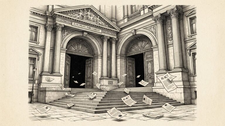 A grand EU legislative building with open, unguarded entrance and AI Act documents scattering in the wind. Monochrome engraving on warm paper.