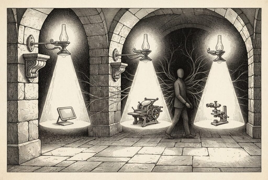 Editorial illustration showing three EU transparency documents that structurally overlook autonomous AI agent systems