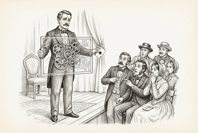 Magician forced to reveal mechanical insides, breaking the seamless illusion — EU AI Act Article 50 transparency mandate