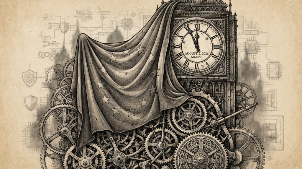 Hand-drawn ink engraving of a massive EU flag draped over a stalled clock mechanism, with gears frozen mid-rotation. The clock face shows August 2, 2026, but the hands are locked. In the background, a faint outline of AI system diagrams and security shields remain half-formed, symbolizing the deferred infrastructure.