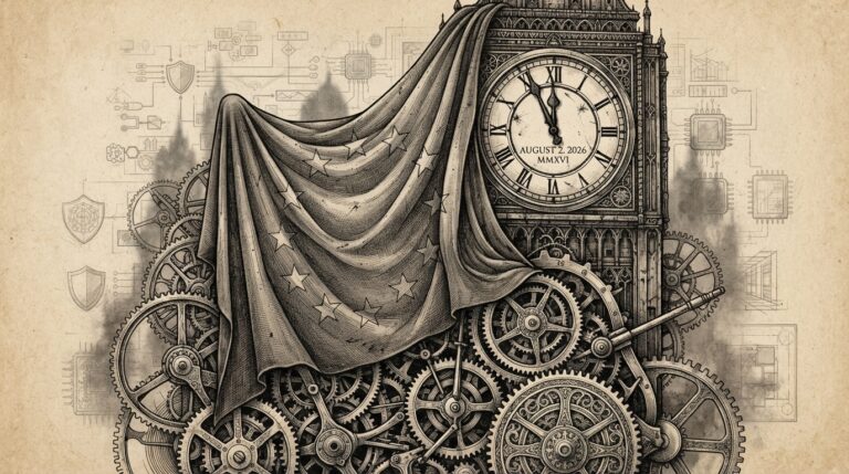 Hand-drawn ink engraving of a massive EU flag draped over a stalled clock mechanism, with gears frozen mid-rotation. The clock face shows August 2, 2026, but the hands are locked. In the background, a faint outline of AI system diagrams and security shields remain half-formed, symbolizing the deferred infrastructure.