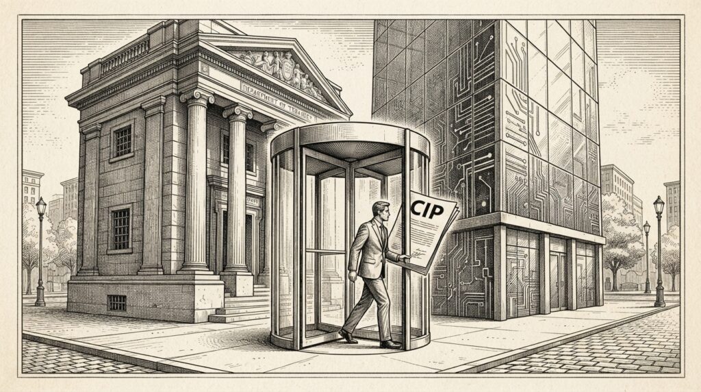 A monochrome pen-and-ink engraving on warm paper showing a revolving door between a classical government regulatory building and a modern glass bank tower, with a suited figure mid-step through the door holding a CIP document, conveying the structural tension of a regulator transitioning to industry during an active rulemaking.