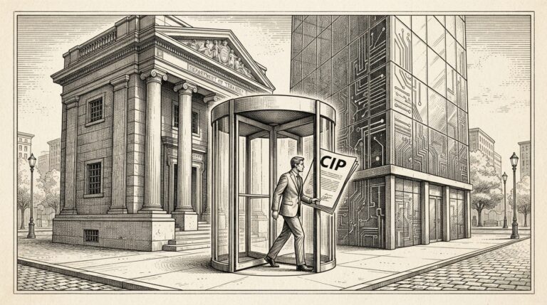A monochrome pen-and-ink engraving on warm paper showing a revolving door between a classical government regulatory building and a modern glass bank tower, with a suited figure mid-step through the door holding a CIP document, conveying the structural tension of a regulator transitioning to industry during an active rulemaking.