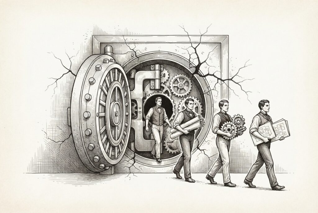 Ornate vault door swung wide open with human figures walking out carrying blueprints and schematics - representing alleged trade secret extraction