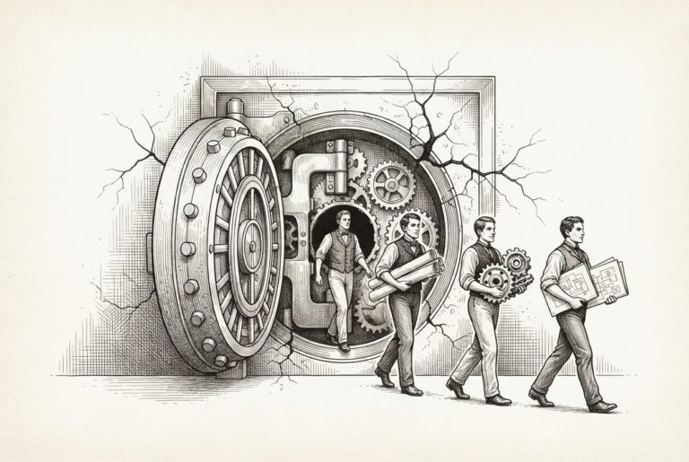 Ornate vault door swung wide open with human figures walking out carrying blueprints and schematics - representing alleged trade secret extraction
