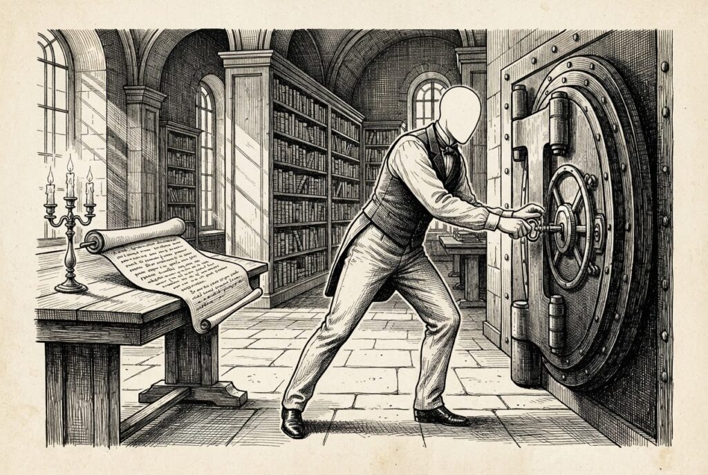 A faceless library attendant turning a vault door's wheel mid-action while an open scroll lies abandoned on a reading table behind them - the agent already captured by the text it trusted.