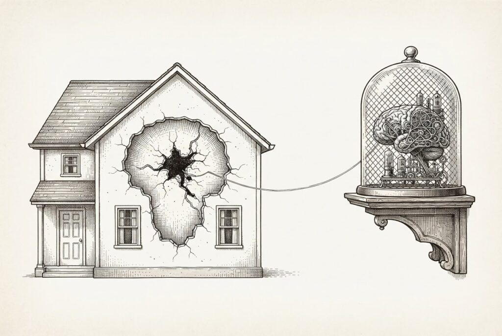 Pen-and-ink engraving of a house with a hollow cavity where its brain should be, a mechanical intelligence device enclosed under glass on a separate shelf, connected by a thin thread - illustrating smart home AI locked behind subscription paywalls