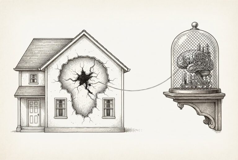 Pen-and-ink engraving of a house with a hollow cavity where its brain should be, a mechanical intelligence device enclosed under glass on a separate shelf, connected by a thin thread - illustrating smart home AI locked behind subscription paywalls