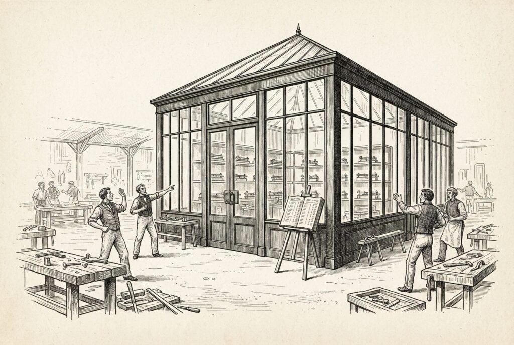 A vast open-air artisan workshop with scattered worn workbenches and rough hand tools, but at its center stands a sealed, pristine glass-and-iron industrial pavilion. Inside, rows of identical finely machined instruments are displayed on clean shelves, each more precise than the handcrafted tools outside. The artisan vendors outside gesture toward the pavilion with alarm.