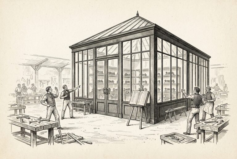 A vast open-air artisan workshop with scattered worn workbenches and rough hand tools, but at its center stands a sealed, pristine glass-and-iron industrial pavilion. Inside, rows of identical finely machined instruments are displayed on clean shelves, each more precise than the handcrafted tools outside. The artisan vendors outside gesture toward the pavilion with alarm.