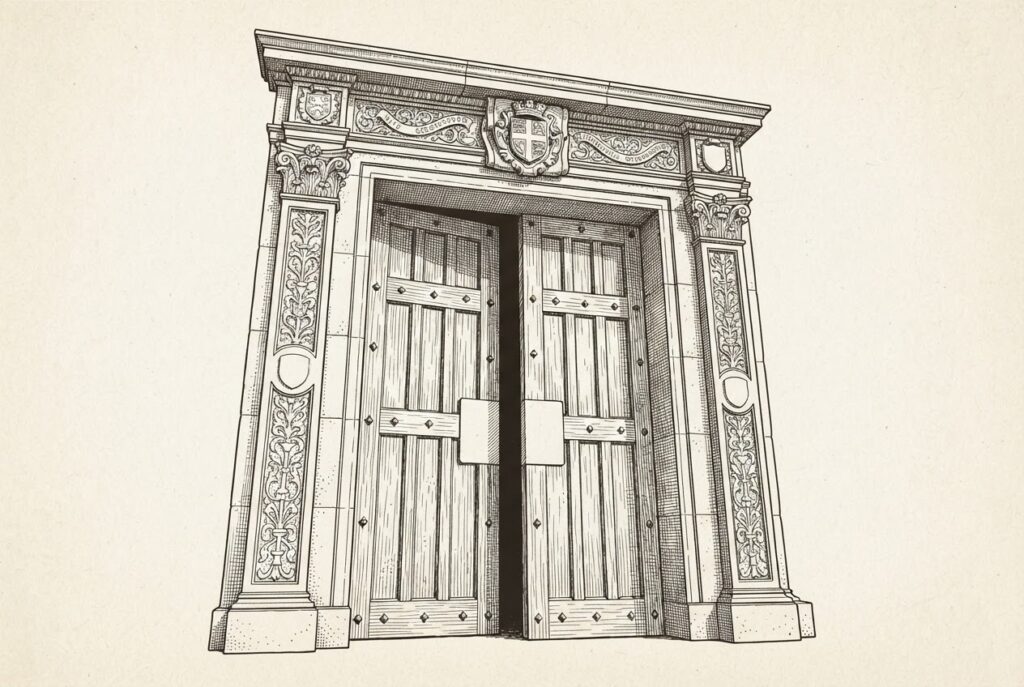 Ornate institutional doorway with no locking mechanism, slightly ajar - a regulatory framework that looks complete but was never fitted to secure autonomous agents.